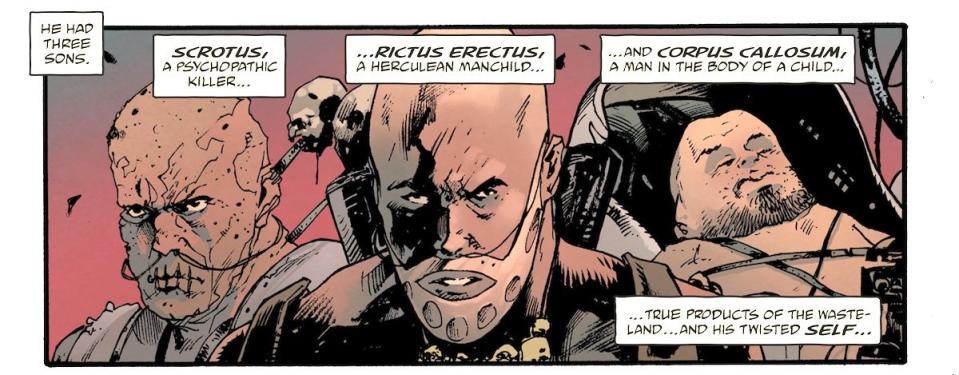 A panel from the Mad Max: Fury Road comic book series showing Immortan Joe's three sons