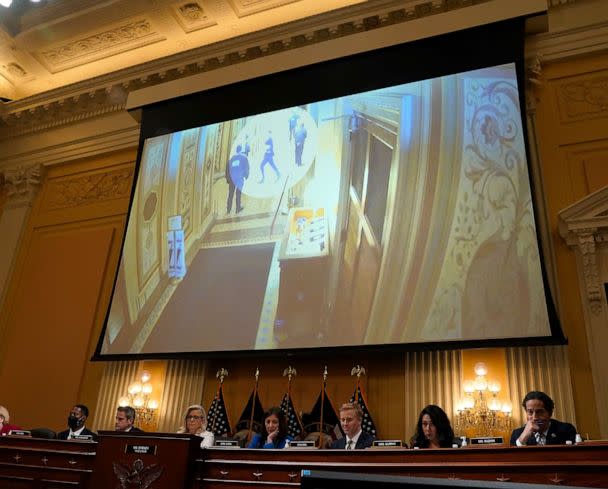 PHOTO: A video clip of Senator Josh Hawley running through a hallway as rioters storm the Capitol is projected during a public hearing before the House Select Committee to investigate the January 6 attack, on July 21, 2022, in Washington, D.C. (Jack Gruber-USA Today)