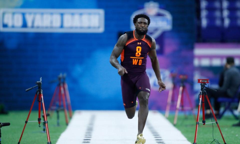 Mar 2, 2019; Indianapolis, IN, USA; Ohio State wide receiver Parris Campbell (WO08) runs the 40 yard dash during the 2019 NFL Combine at Lucas Oil Stadium. Mandatory Credit: Brian Spurlock-USA TODAY Sports