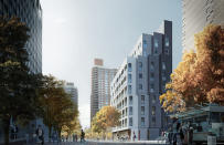 The architectural rendering of the micro-apartment building in Manhattan. The move-in date is expected to be in September 2015. The brick cladding features subtle changes in color, according to the <a href="http://on.nyc.gov/142T9YA" rel="nofollow noopener" target="_blank" data-ylk="slk:mayor's news release;elm:context_link;itc:0;sec:content-canvas" class="link ">mayor's news release</a>.