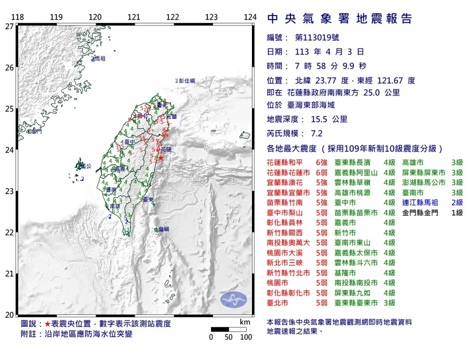 花蓮地震芮氏規模7.2強震。（圖片來源：中央氣象署）