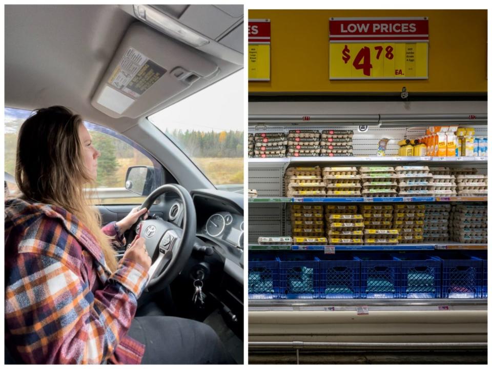 On the left, Dominique is driving. On the right, the egg section of a supermarket.