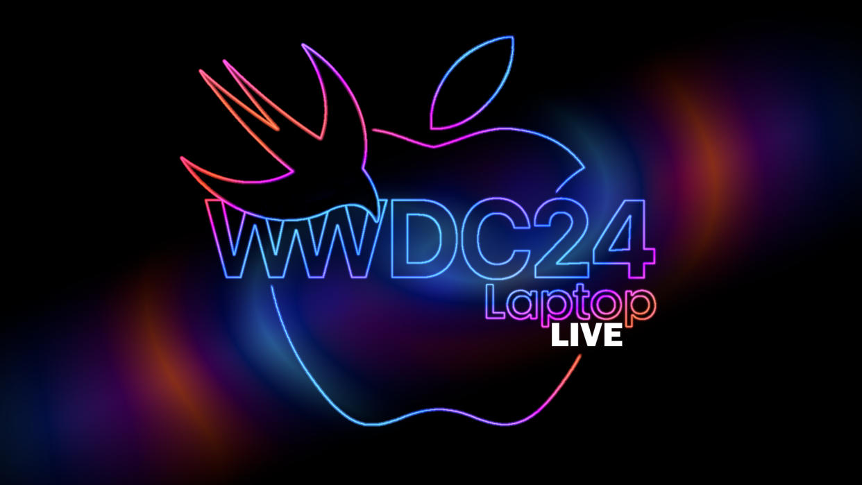  Laptop Mag WWDC live blog lede image showing neon-like Apple logo with Swift programming language logo and "WWDC24 Laptop Live" written through the middle of the image. 