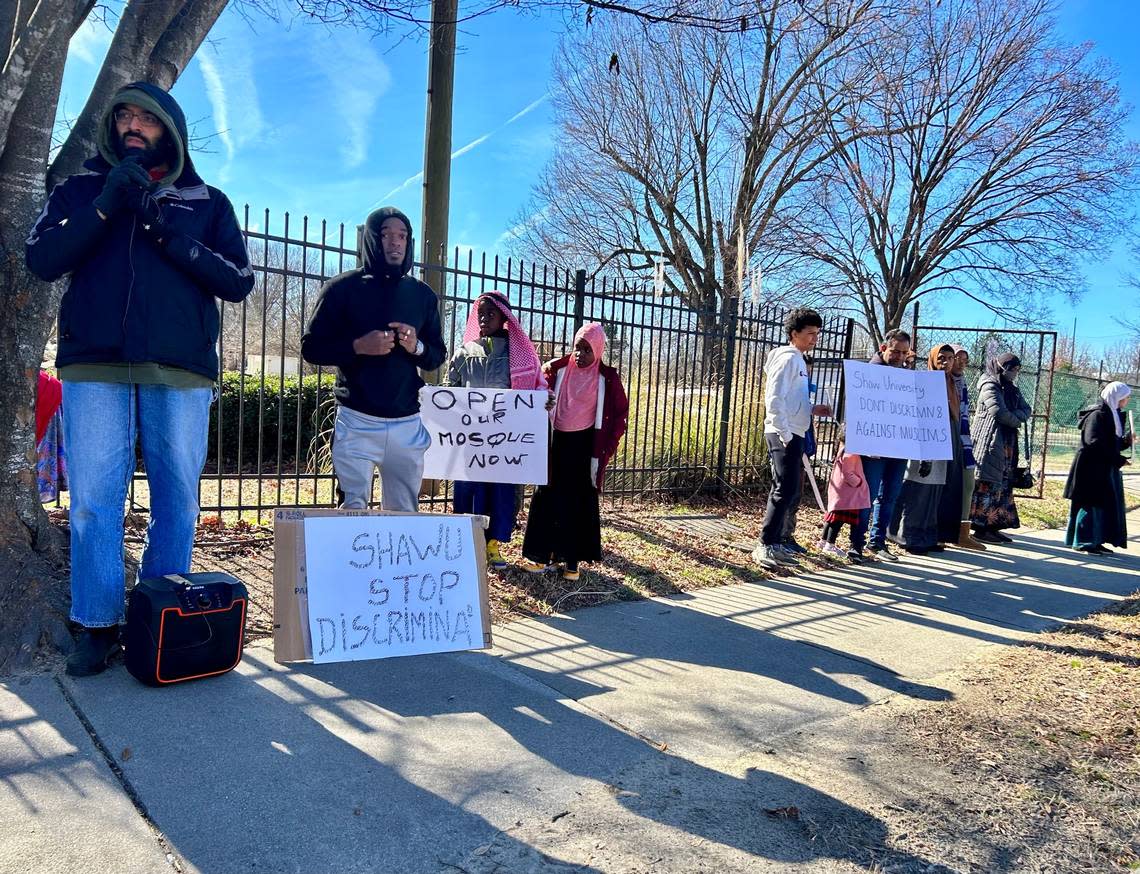 Around 50 people gathered on Saturday, Feb. 4, 2023 outside of the Shaw University building where the King Khalid mosque is located to protest its closure to the general public since 2020.