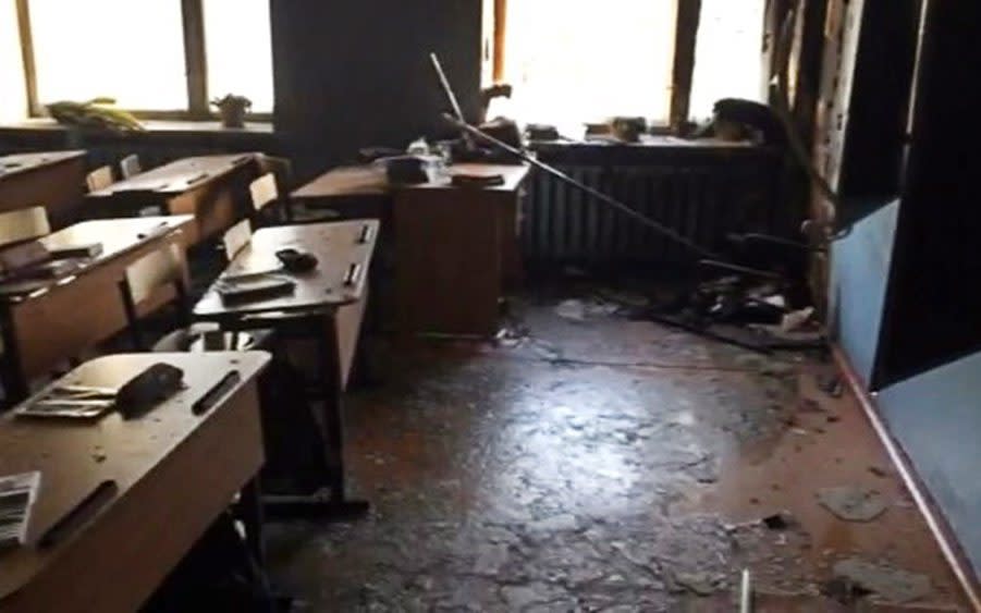 The classroom in Ulan-Ude, Buryatia, where a teenager attacked students with an axe and Molotov cocktail on Friday - TASS