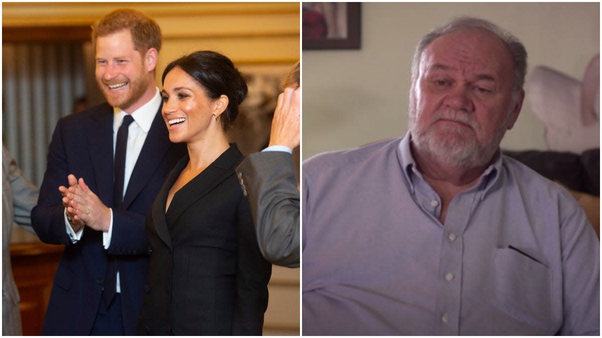 Meghan Markle and Prince Harry in London and Thomas Markle speaking to Channel 5