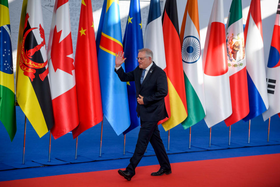 Australia's Prime Minister Scott Morrison arrives for the welcome ceremony on the first day of the Rome G20 summit.