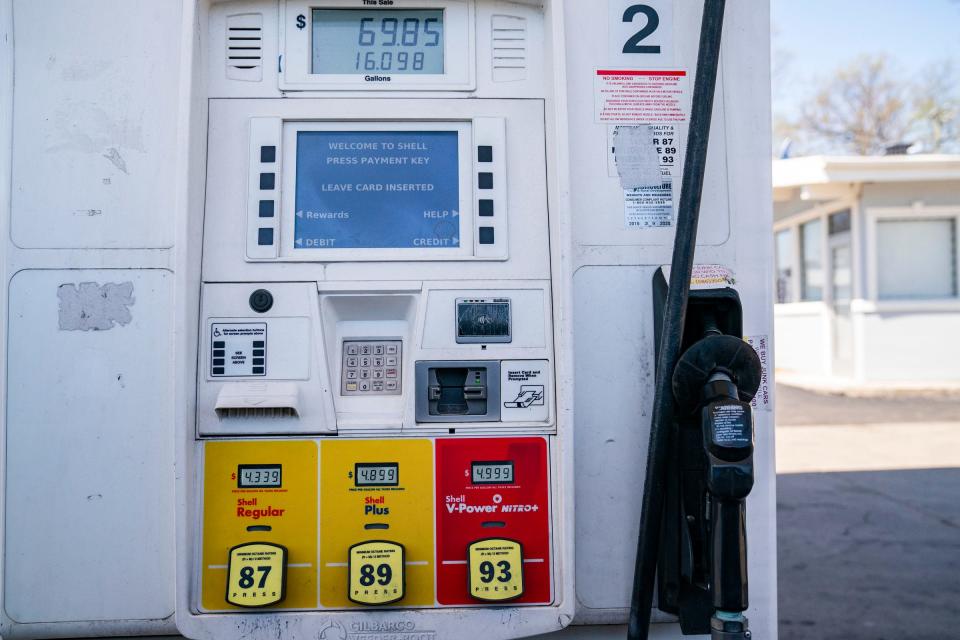 A Shell gas pump in Ferndale shows the prices of gas Monday, May 9, 2022.