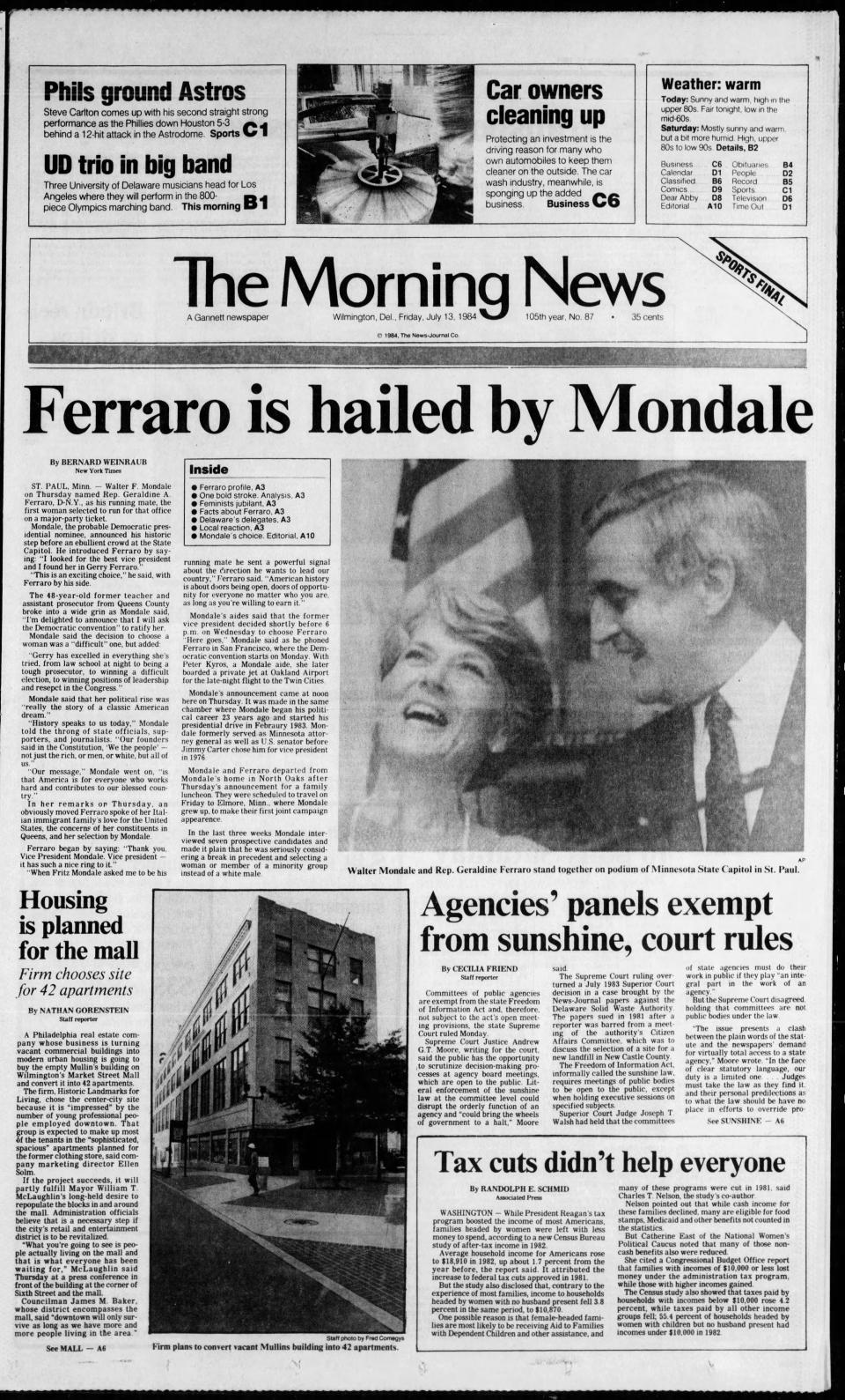 Front page of The Morning News from July 13, 1984.
