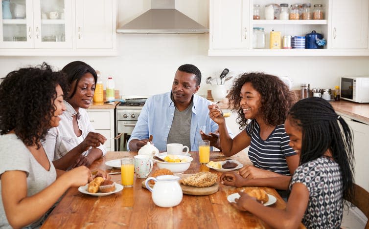 <span class="caption">Teenagers who spent more time texting friends were also more likely to spend quality time with their family.</span> <span class="attribution"><a class="link " href="https://www.shutterstock.com/image-photo/family-teenage-children-eating-breakfast-kitchen-714537895" rel="nofollow noopener" target="_blank" data-ylk="slk:Monkey Business Images/Shutterstock;elm:context_link;itc:0;sec:content-canvas">Monkey Business Images/Shutterstock</a></span>