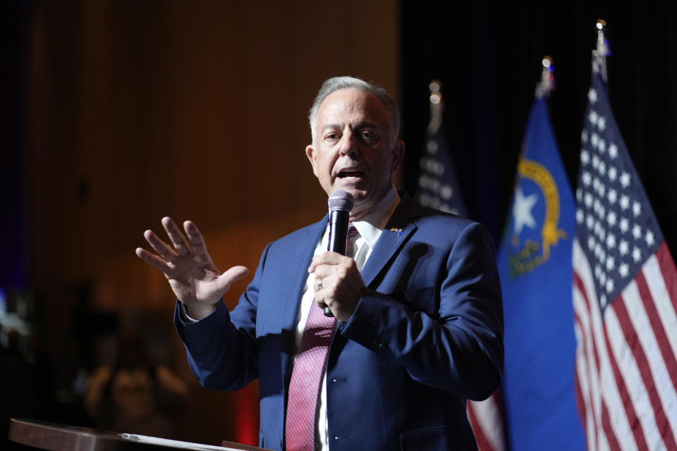 Clark County Sheriff Joe Lombardo, Republican candidate for governor of Nevada, speaks to supporters during an election night campaign event Tuesday, Nov. 8, 2022, in Las Vegas. (AP Photo/John Locher)