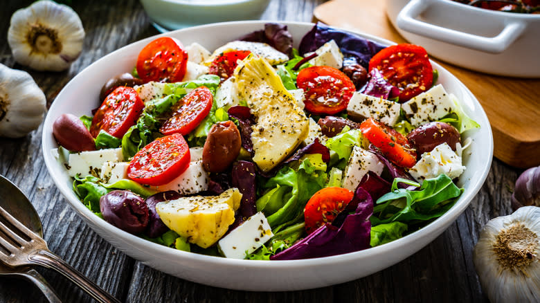 Greek salad on kitchen table