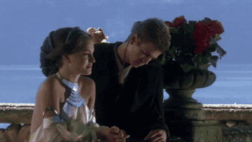 Natalie Portman and Hayden Christensen in a scene from "Star Wars: Episode II – Attack of the Clones" with text that says "I don't like sand"