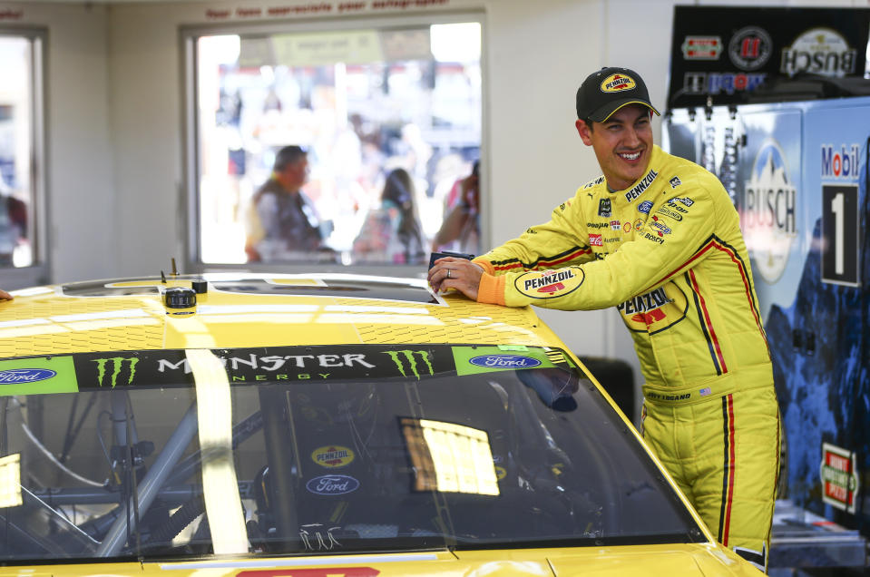 Joey Logano waits to begin qualifying for a NASCAR Cup Series auto race at Las Vegas Motor Speedway, Friday, Sept. 13, 2019, in Las Vegas. (Chase Stevens/Las Vegas Review-Journal via AP)