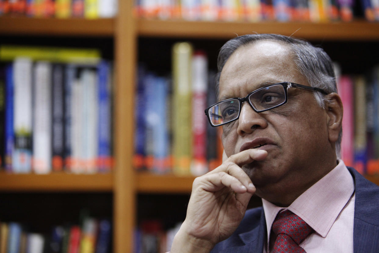 N. R. Narayana Murthy, founder and chairman of Infosys, listens to a question during an interview with Reuters at the company's office in Bangalore February 28, 2012. Picture taken on February 28, 2012. REUTERS/Vivek Prakash (REUTERS - Tags: BUSINESS SCIENCE TECHNOLOGY PROFILE HEADSHOT)