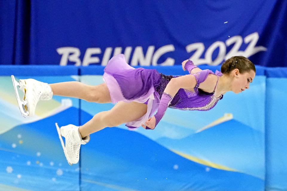 La rusa Kamila Valieva durante el programa corto de la prueba femenina de patinaje artístico en los Juegos Olímpicos de Invierno Beijing 2022. (Foto: Robert Deutsch-USA TODAY Sports)
