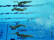 Gagnon Boudreau and Elise Marcotte of Canada compete in the Women's Duets Synchronised Swimming Free Routine Final on Day 11 of the London 2012 Olympic Games at the Aquatics Centre on August 7, 2012 in London, England. (Photo by Clive Rose/Getty Images)