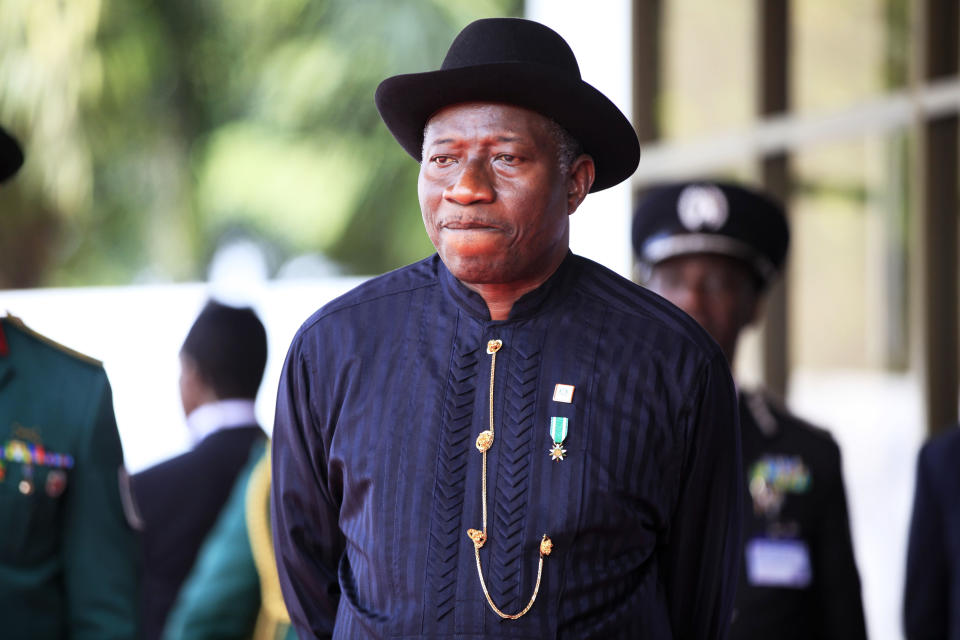 Nigeria's President, Goodluck Jonathan, arrives for a summit to address a seminar on security during an event marking the centenary of the unification of Nigeria's north and south in Abuja, Nigeria, Thursday, Feb. 27, 2014. (AP Photo/Sunday Alamba)