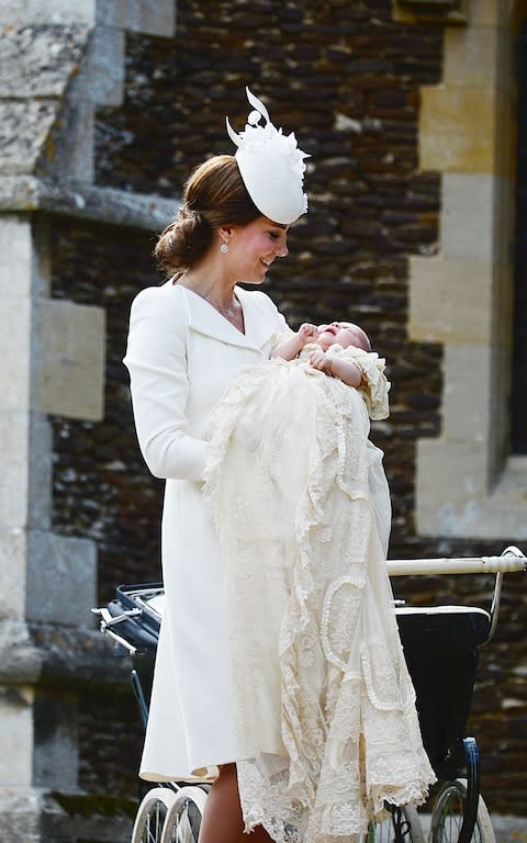 The Duchess of Cambridge at Princess Charlotte's christening - Credit: Rex