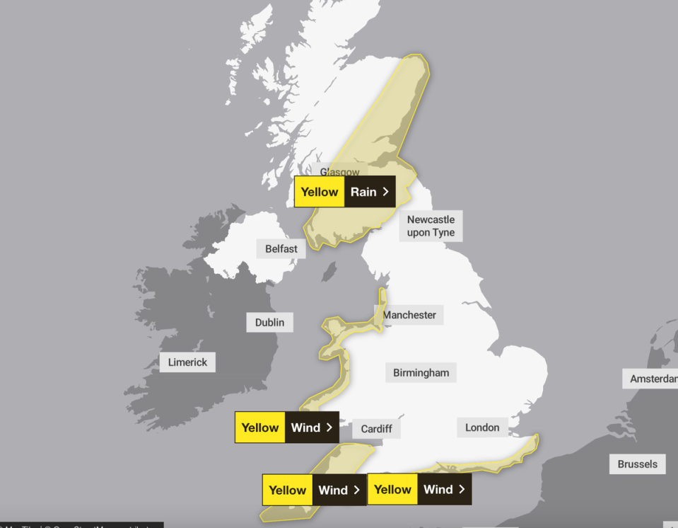 Three yellow wind warnings and a rain warning were also put in place across much of Scotland, the west coast of Wales and the south-east coast of England on Tuesday (Met Office)