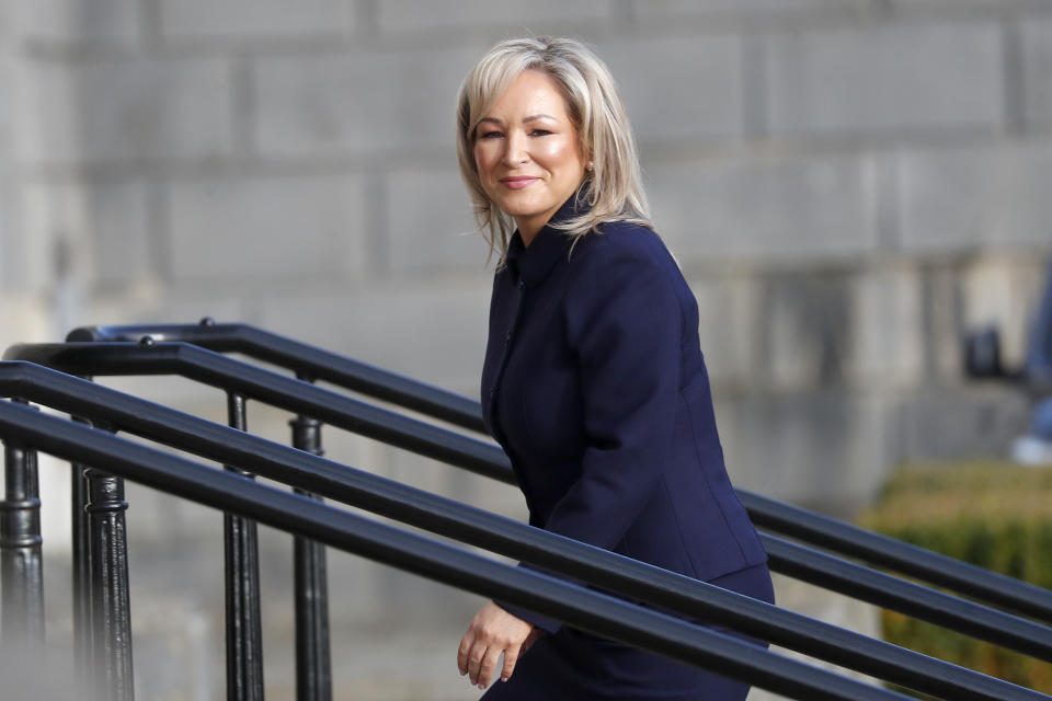 Sinn Fein vice president Michelle O'Neill arrives at Stormont in Belfast, Northern Ireland, Saturday, Feb. 3, 2024. Michelle O'Neill is set to become the first nationalist first minister following a two-year political collapse. Members of the Legislative Assembly (MLAs) will gather at Parliament Buildings at Stormont on Saturday for a sitting where ministers will be appointed to a powersharing executive, bringing an end to the impasse.(AP Photo/Peter Morrison)