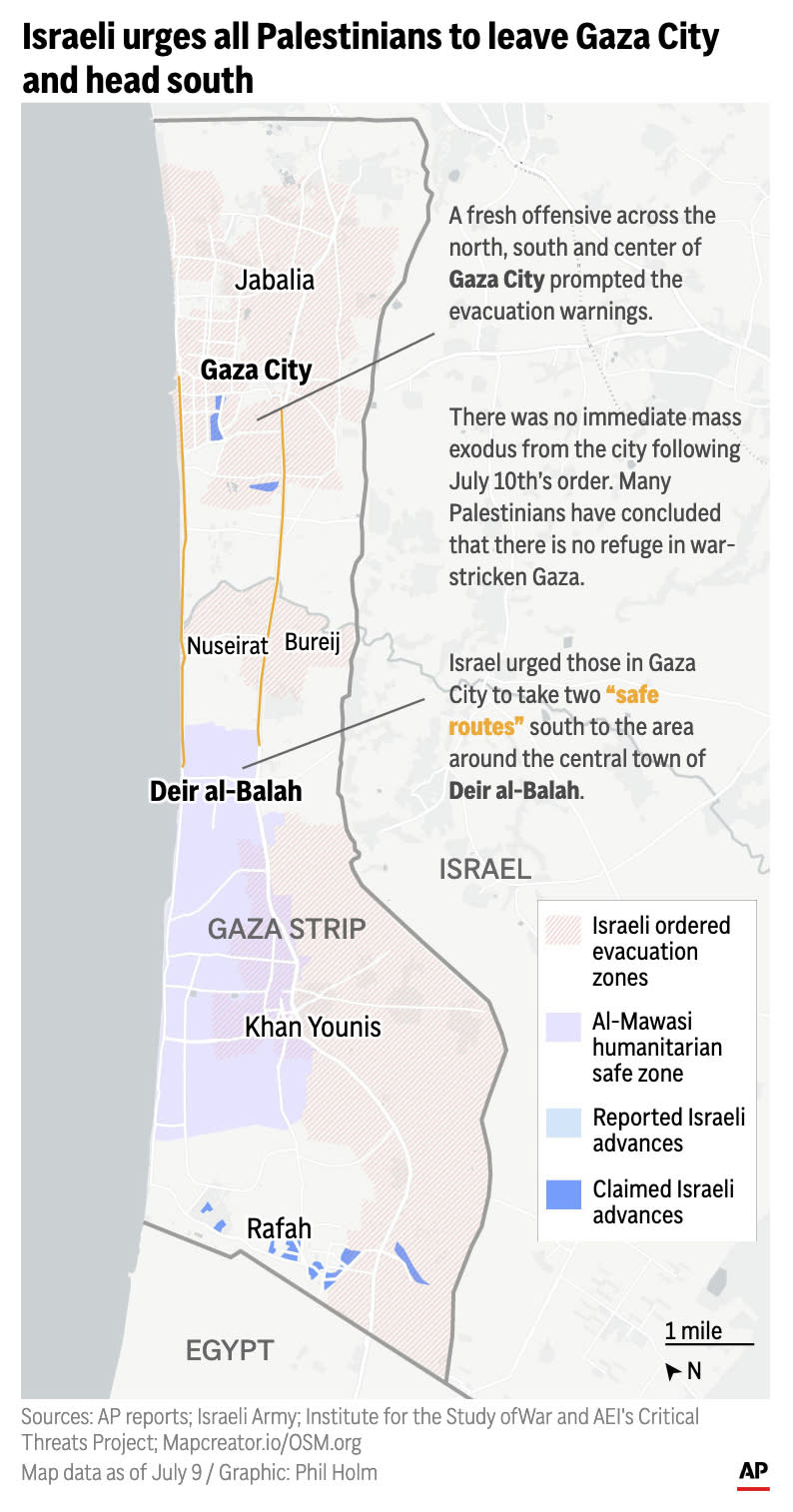 The map above highlights the latest evacuation zones and routes in the Gaza Strip along with Israeli advances. (AP Digital Embed)