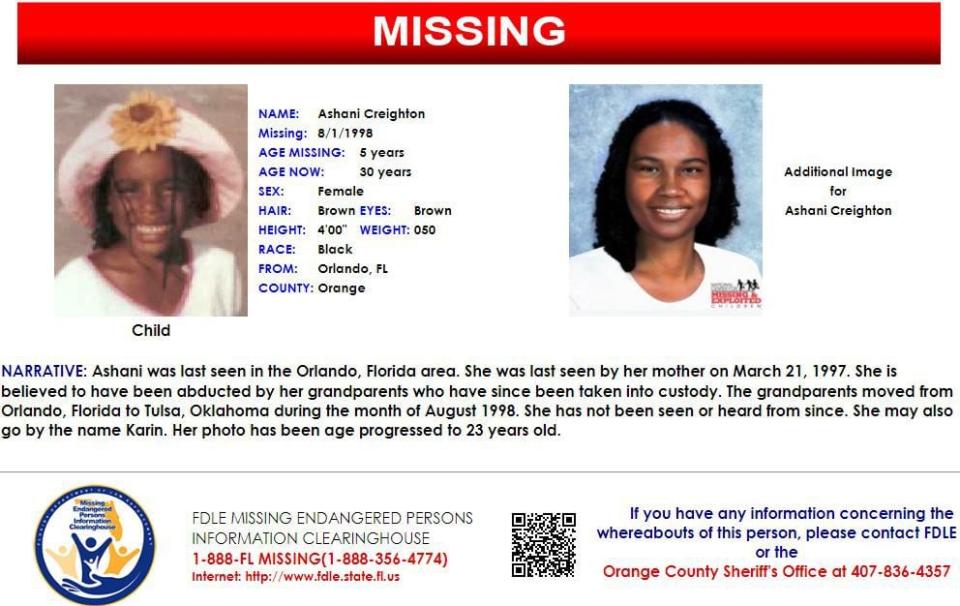 Ashani Creighton was last seen in Orlando on Aug. 1, 1998.