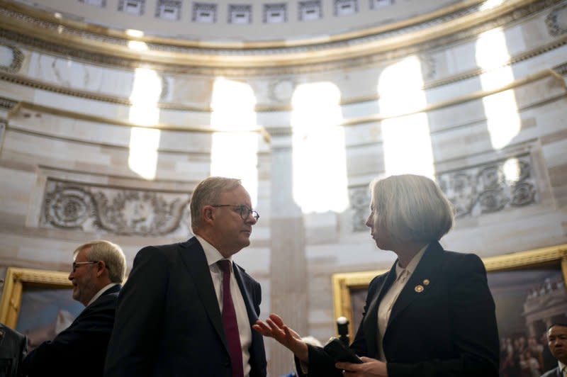 Australian Prime Minister Anthony Albanese speaks with the Senate Sergeant in Arms Karen Gibson in the Rotunda at the U.S. Capitol in Washington, D.C., on Thursday. Photo by Bonnie Cash/UPI