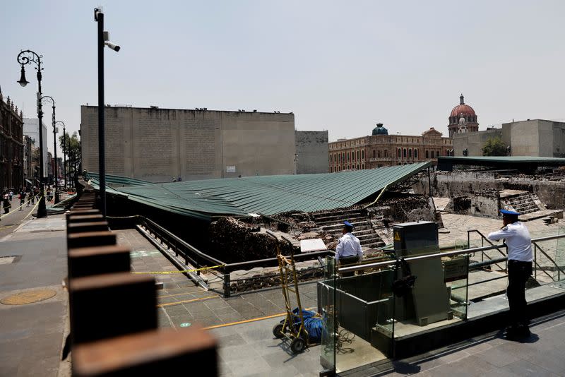 A view shows the collapsed roof that protected the "Casa de las Aguilas", part of the ruins of the Templo Mayor archaeological site, after heavy rain and hail, in downtown Mexico City