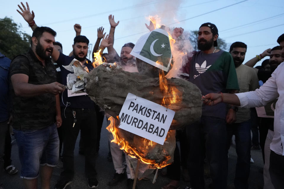 Activists of Bharatiya Janata Yuva Morcha, the youth wing of the Bharatiya Janata Party, protest against the killings of five Indian army soldiers in Jammu, India, Friday, May 5, 2023. Rebels fighting against Indian rule in disputed Kashmir triggered an explosive device during an encounter with the Indian army on Friday, killing five soldiers who were trying to flush them out of a forested area, the army said. (AP Photo/Channi Anand)