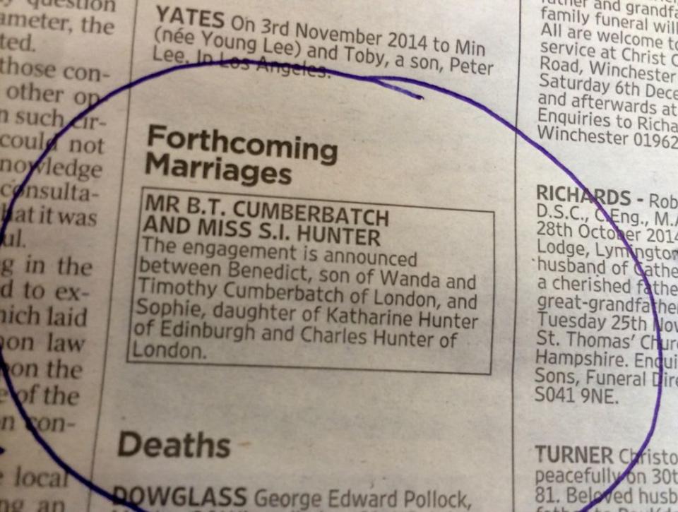 The newspaper announcement advertises the engagement of British actor Benedict Cumberbatch and his girlfriend and theatre director Sophie Hunter in an edition of the British 'Times' newspaper of 5 November 2014, in London, Great Britain