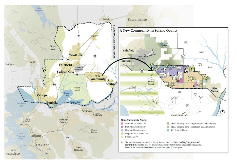 This image provided by California Forever shows context of a map of a proposed new community in Solano County, Calif. A company backed by Silicon Valley billionaires that stealthily snapped up more than $800 million dollars worth of rural land for what it has said will be a new utopian green city between San Francisco and Sacramento is now taking the pitch to voters. (SITELAB urban studio/CMG/California Forever via AP)