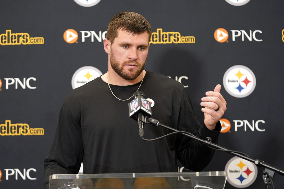 Pittsburgh Steelers linebacker T.J. Watt speaks during a news conference after the Steelers defeated the Los Angeles Rams 24-17 in an NFL football game Sunday, Oct. 22, 2023, in Inglewood, Calif. (AP Photo/Gregory Bull)