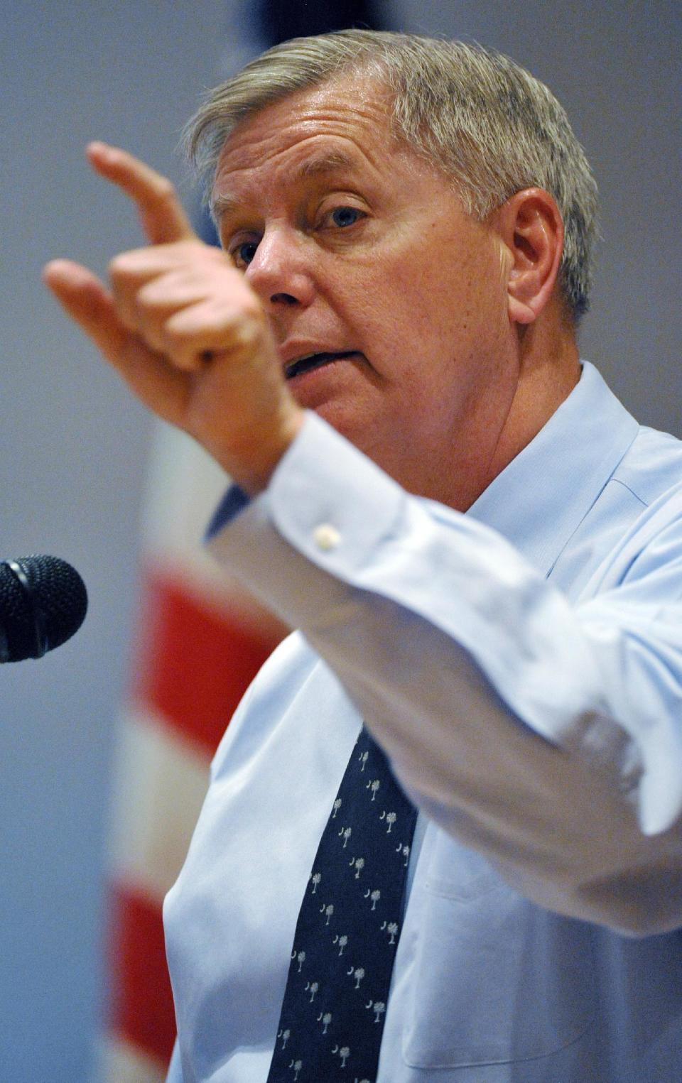 Sen. Lindsey Graham speaks during a campaign stop at American Legion Post 20 on Wednesday, April 23, 2014, in Greenwood, S.C. (AP Photo/Rainier Ehrhardt)