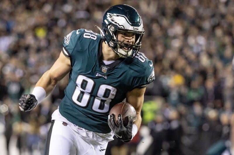 Philadelphia Eagles tight end Dallas Goedert injured his right forearm during a win over the Dallas Cowboys on Sunday in Philadelphia. File Photo by Laurence Kesterson/UPI