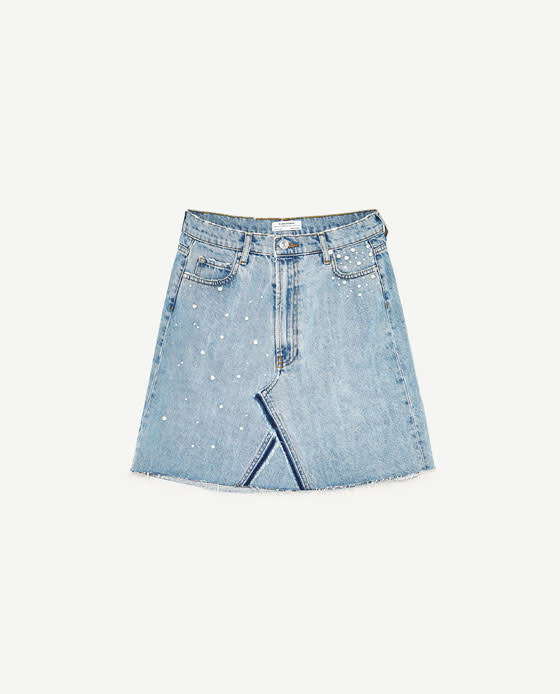 <p><a rel="nofollow noopener" href="https://www.zara.com/uk/en/woman/skirts/view-all/denim-skirt-with-pearl-details-c719016p4337066.html" target="_blank" data-ylk="slk:Zara, £29.99;elm:context_link;itc:0;sec:content-canvas" class="link ">Zara, £29.99</a> </p>