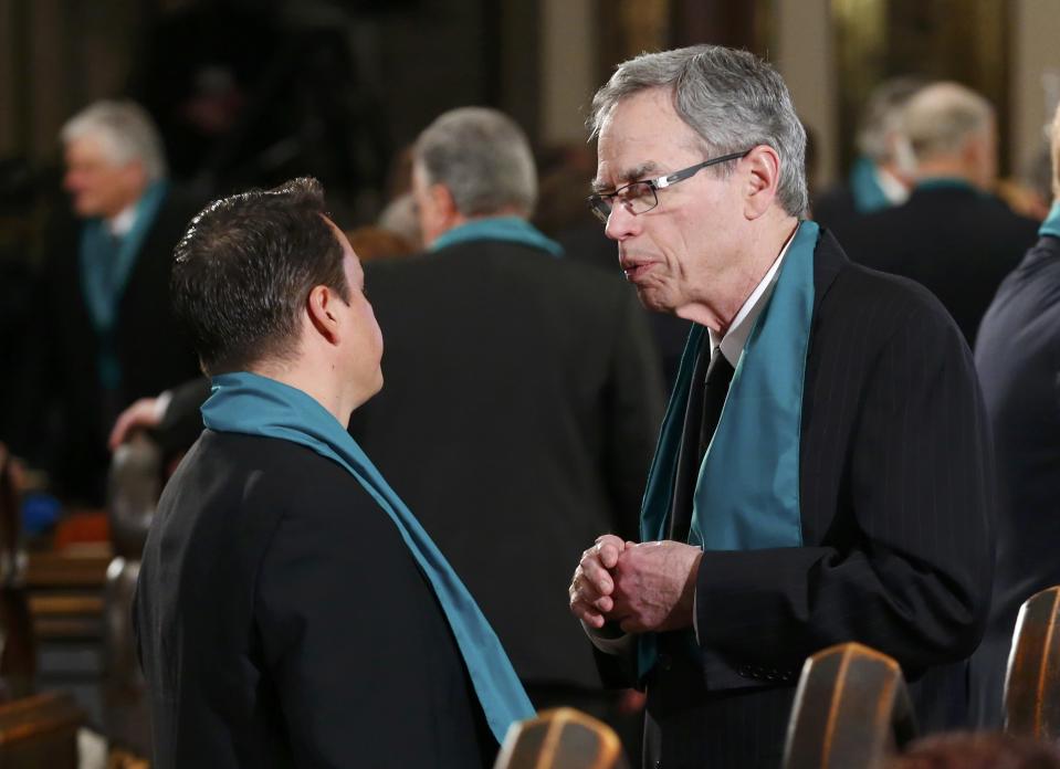 Canada's current finance minister Joe Oliver arrives for the state funeral of Canada's former finance minister Jim Flaherty at St. James Cathedral in Toronto