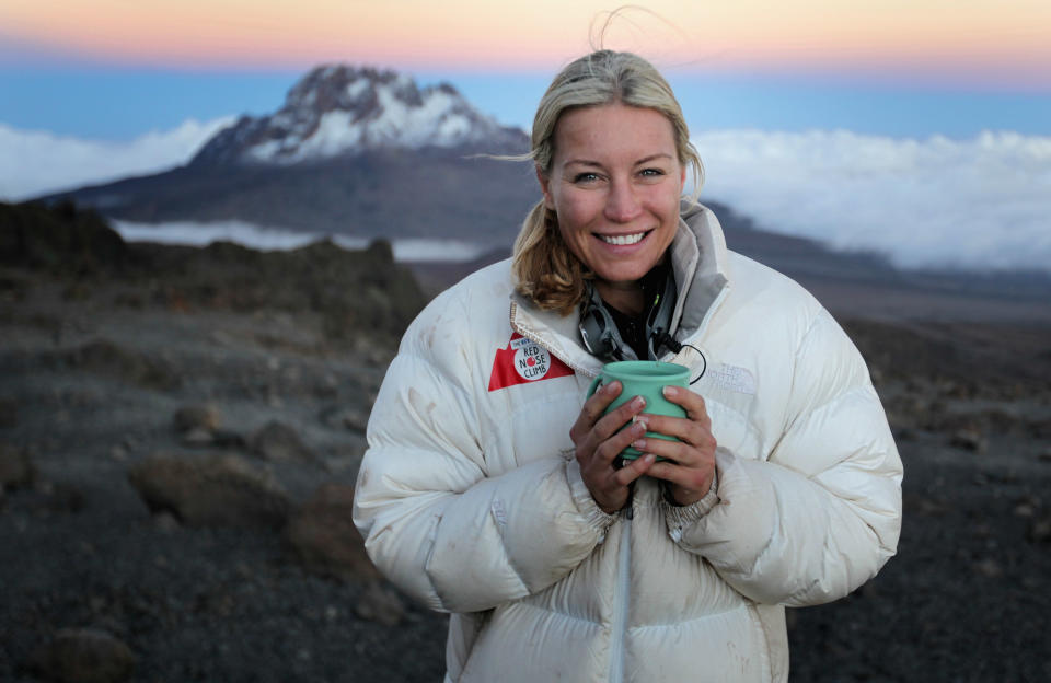 Denise Van Outen drinks a hot chocolate on the seventh day of The BT Red Nose Climb of Kilimanjaro on March 7, 2009 in Arusha, Tanzania. Celebrities Ronan Keating, Gary Barlow, Chris Moyles, Alesha Dixon, Chris Moyles, Fearne Cotton, Denise Van Outen, Kimberley Walsh, Cheryl Cole and Ben Shepard are climbing the nineteen thousand feet high mountain over eight days raising money for Comic Relief. To sponsor the team go to www.rednoseday.com.  (Photo by Chris Jackson/Comic Relief via Getty Images)