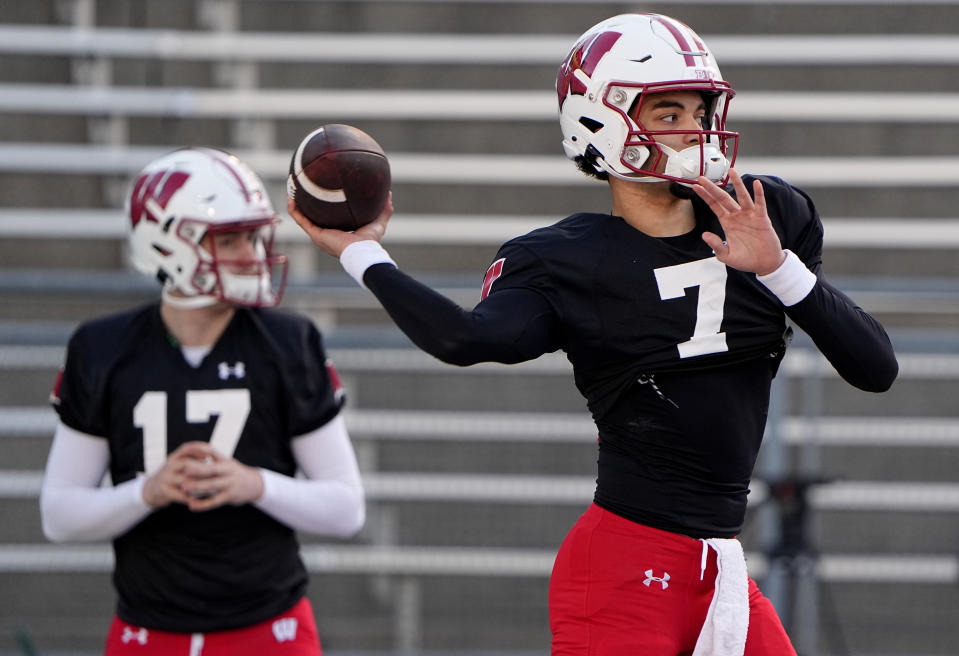 Apr 11, 2023; Madison, WI, USA; Wisconsin quarterback Nick Evers (7) is shown during practice Tuesday, April 11, 2023 at Camp Randall Stadium in Madison, Wis. Mandatory Credit: Mark Hoffman-USA TODAY Sports