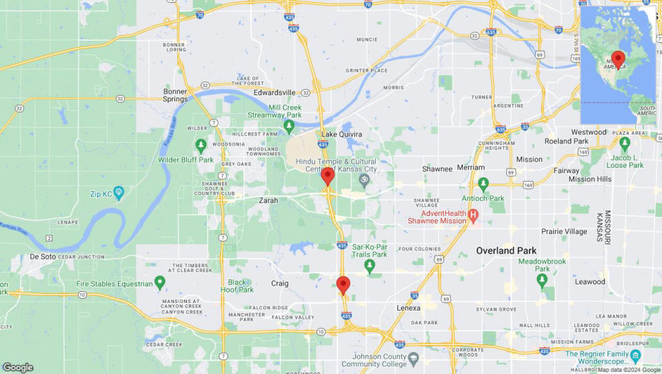 A detailed map that shows the affected road due to 'Traffic alert issued due to heavy rain conditions on southbound I-435 in Shawnee' on July 10th at 10:11 p.m.