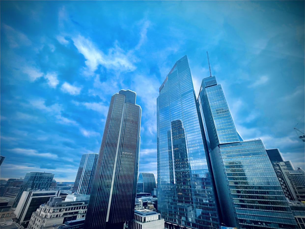 View of London’s Tower 42 and 22 Bishopsgate skyscrapers dominating the skyline in the Square Mile