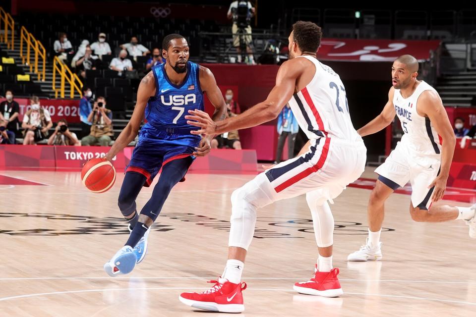Kevin Durant of Team United States controls the ball during the Men's Basketball Preliminary Round Group A - Match 4 between France and USA on Day 2 of the Tokyo 2020 Olympic Games at Saitama Super Arena on July 25, 2021 in Tokyo, Japan.