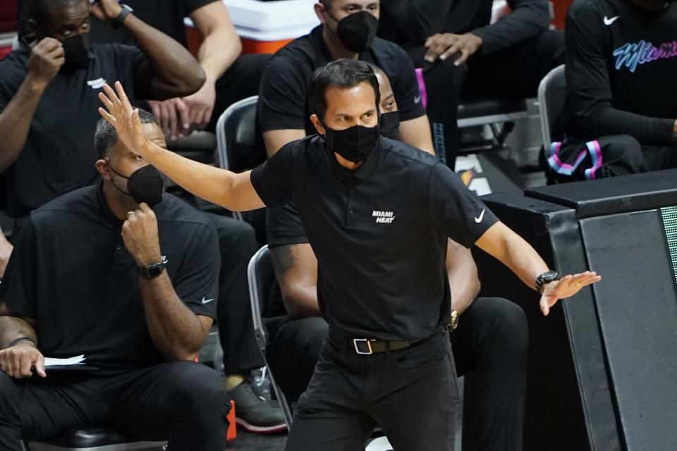 Miami Heat head coach Erik Spoelstra gestures during the first half of an NBA basketball game against the Oklahoma City Thunder, Monday, Jan. 4, 2021, in Miami. (AP Photo/Marta Lavandier)