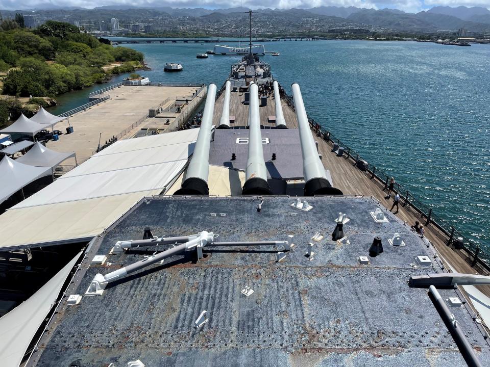 From the deck of the USS Missouri, visitors can see the USS Arizona Memorial in Pearl Harbor, Hawaii. The two monuments bookend the American involvement in World War II in the Pacific Theater: the Arizona to mark Dec. 7, 1941, and the Missouri to commemorate the signing of war's end in Tokyo Bay on Sept. 2, 1945.