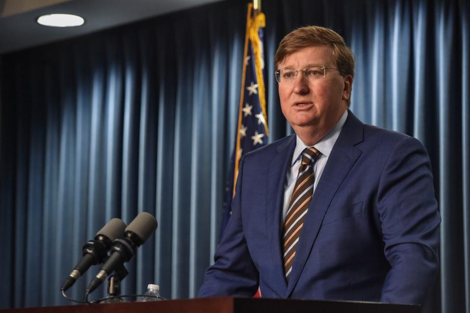 Mississippi Gov. Tate Reeves speaks at a press conference regarding the Rental Assistance for Mississippians Program (RAMP) established during the COVID-19 pandemic in Jackson, Miss., Wednesday, Aug. 3, 2022.