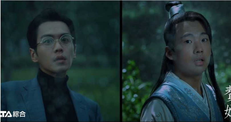 「古裝男神」張若昀（左）穿越變郭麒麟（右）對比圖被網友笑稱：「贅婿導演太狠了！」（圖／愛爾達綜合台提供）
