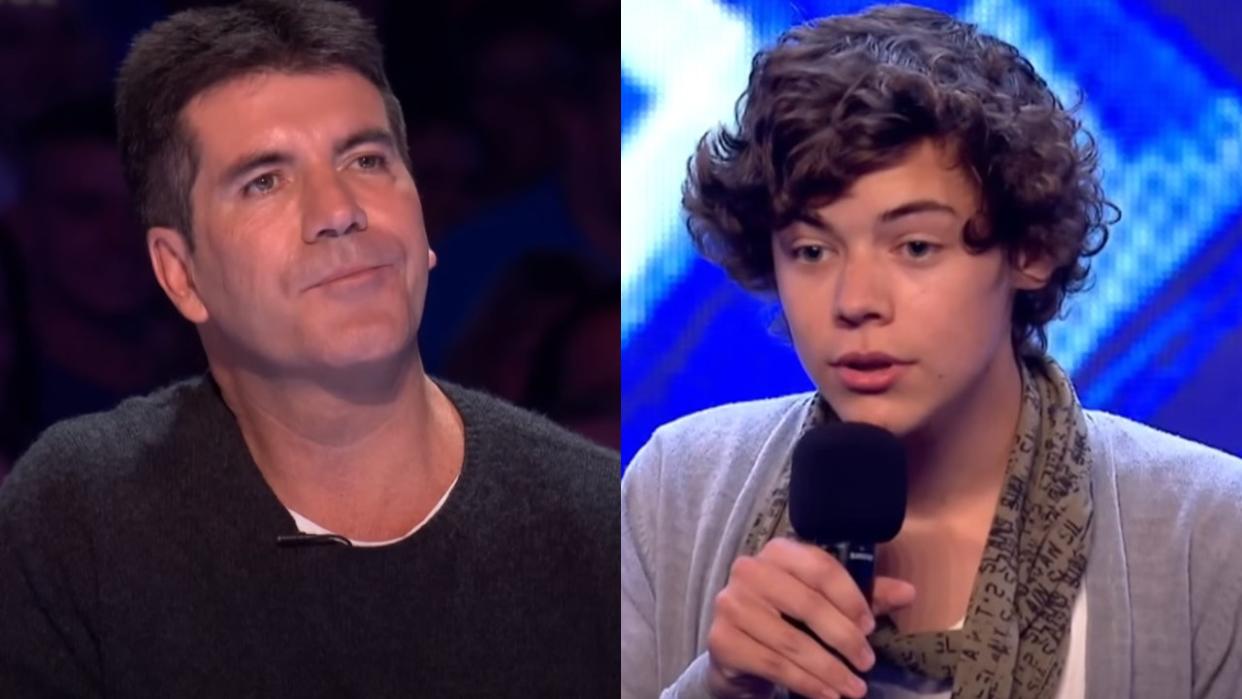  Side-by-side screenshots of Simon Cowell and Harry Styles during Styles' X Factor audition. 