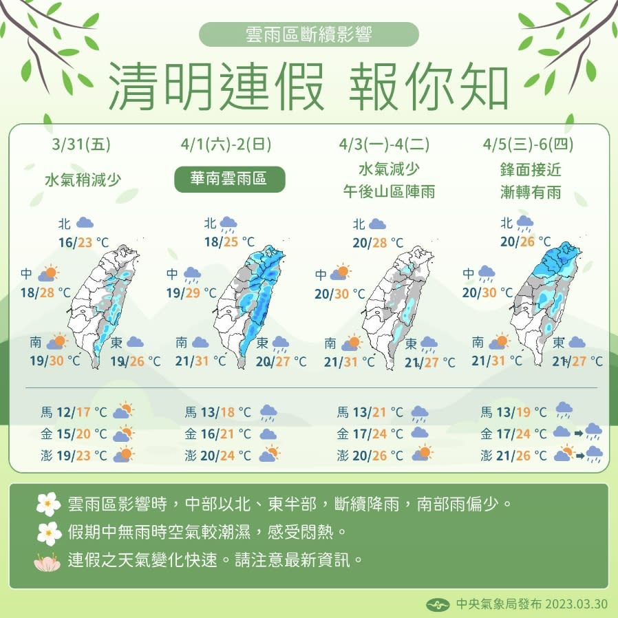 清明連假天氣（取自氣象局網站）