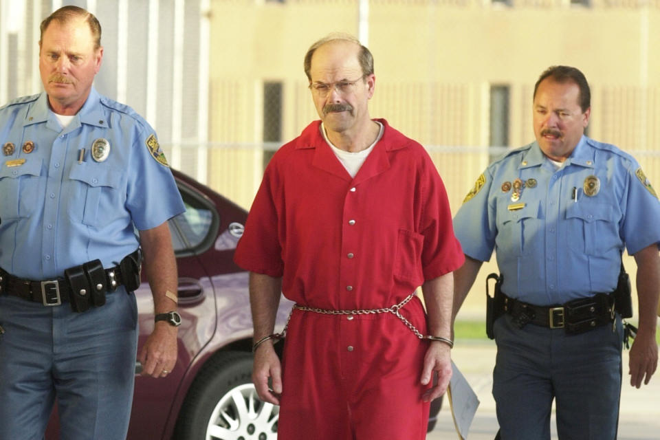 Convicted serial killer Dennis Rader, known as the BTK strangler, walks into the El Dorado Correctional Facility in El Dorado, Kan., in 2005. (Jeff Tuttle / The Eagle via AP file)