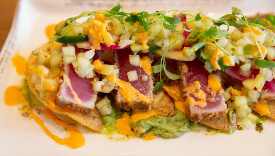 Ahi Tuna Nachos feature an avocado mousse, jalape–o and radish Friday, April 1, 2022, at Fancy's Fish House in Memphis.